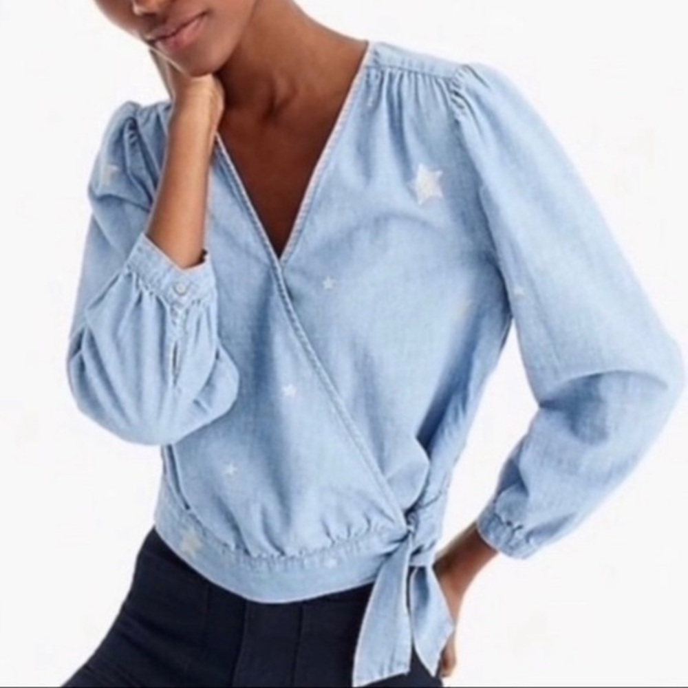 J. Crew chambray surplice wrap with silver stars and adjustable bottom S Tall